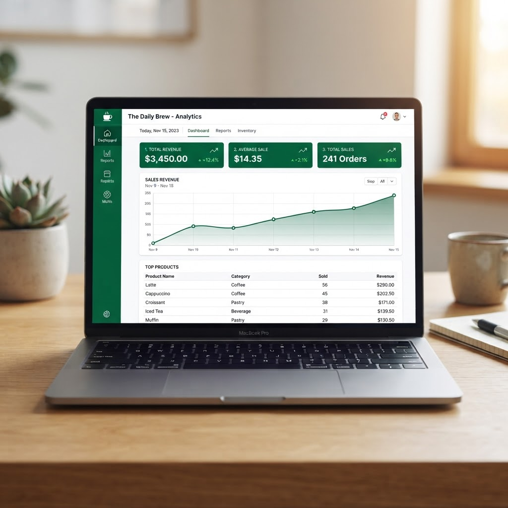 The UPpos analytics dashboard showing sales revenue charts and key metrics