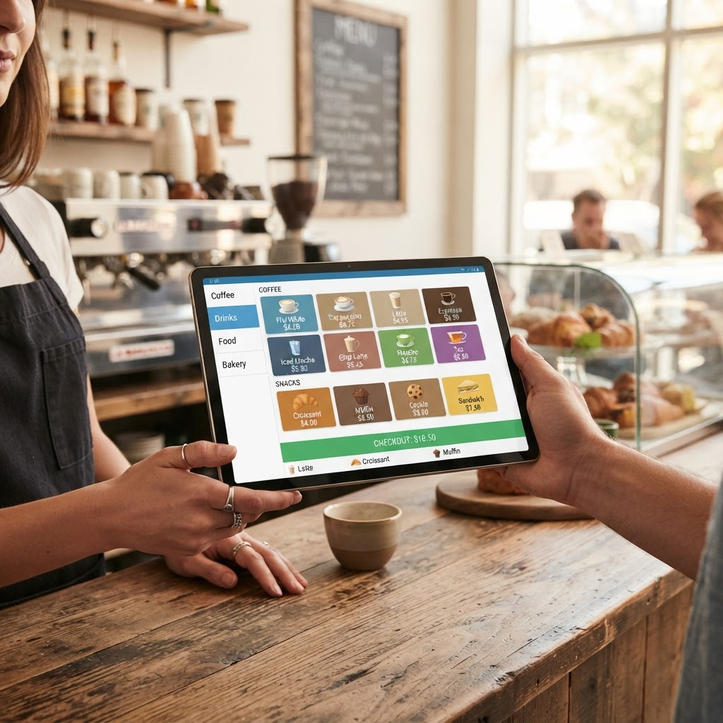 Hands holding an Android tablet running the UPpos point of sale app at a cafe counter